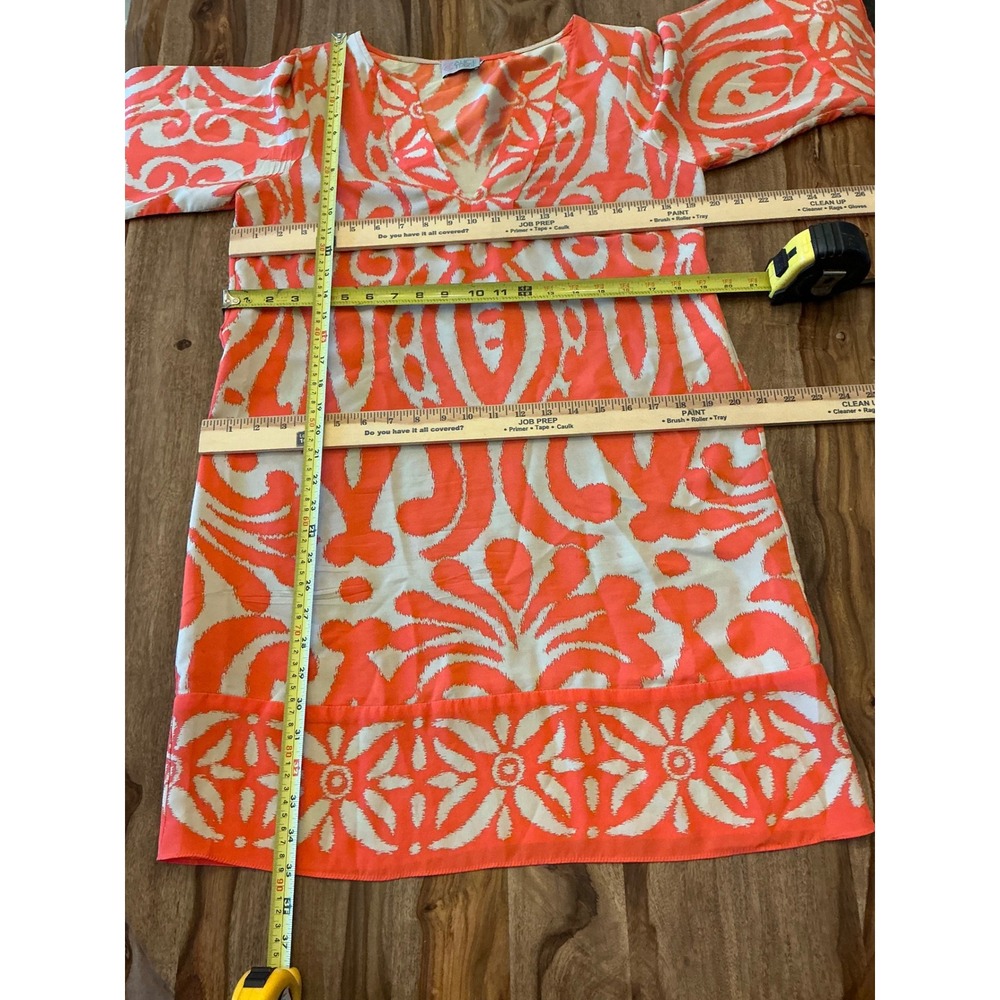 Alice & Trixie Silk Tunic Dress Medium Coral Orange Bell Sleeve Ikat Cover Up - Picture 6 of 15